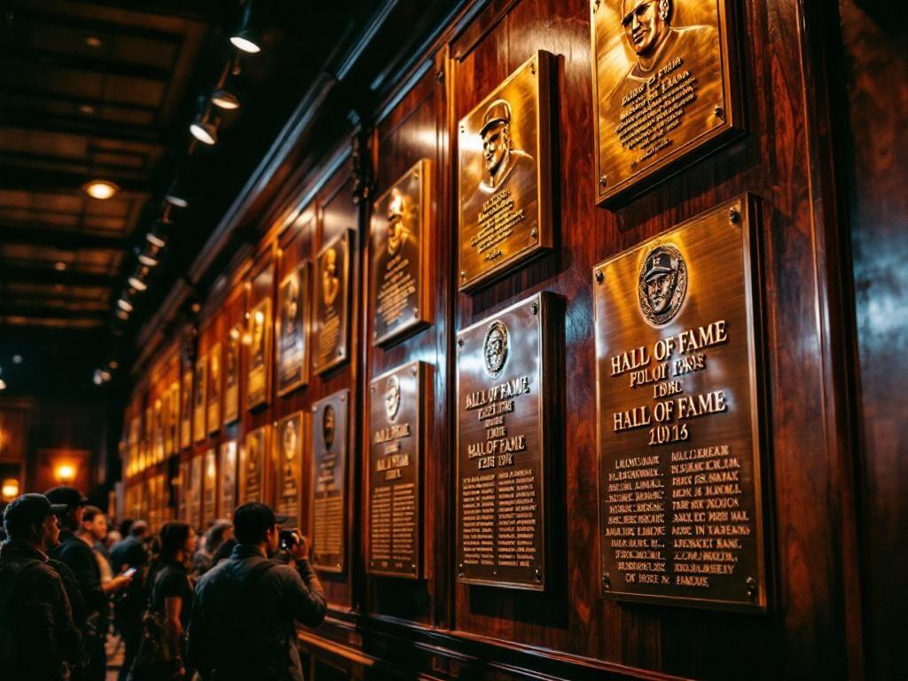 "Visitors examining rows of brass Hall of Fame plaques on mahogany wall in the Baseball Hall of Fame museum, dramatically lit and captured in professional photography"