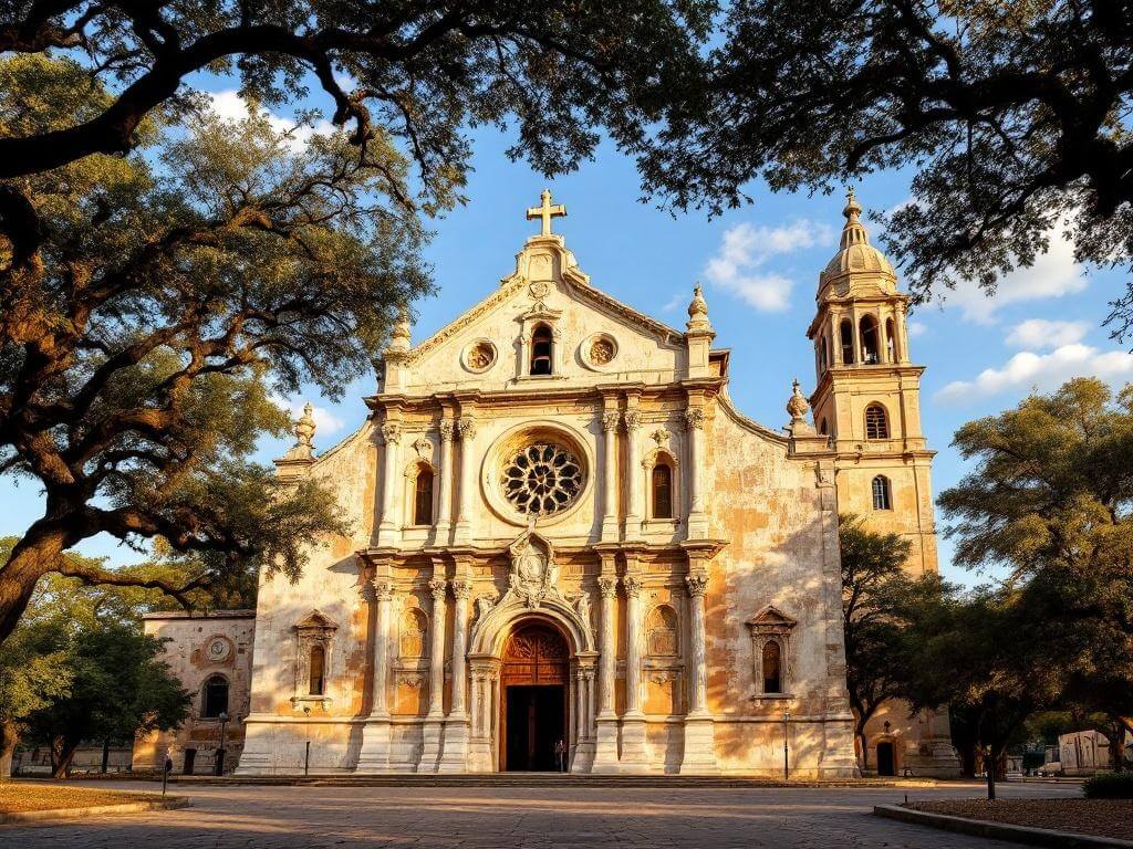 "Majestic Spanish colonial church with Baroque architectural details, Rose Window and bell tower at Mission San José in San Antonio, Texas under afternoon sunlight"