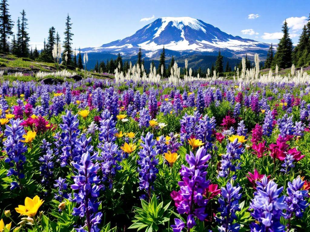 "Bright midday view of Mount Rainier's Paradise area, showcasing its vibrant subalpine meadow in peak bloom with a dense carpet of blue lupine flowers, magenta Indian paintbrush, yellow lilies and tall white beargrass, with the snow-capped volcanic peak in the background."