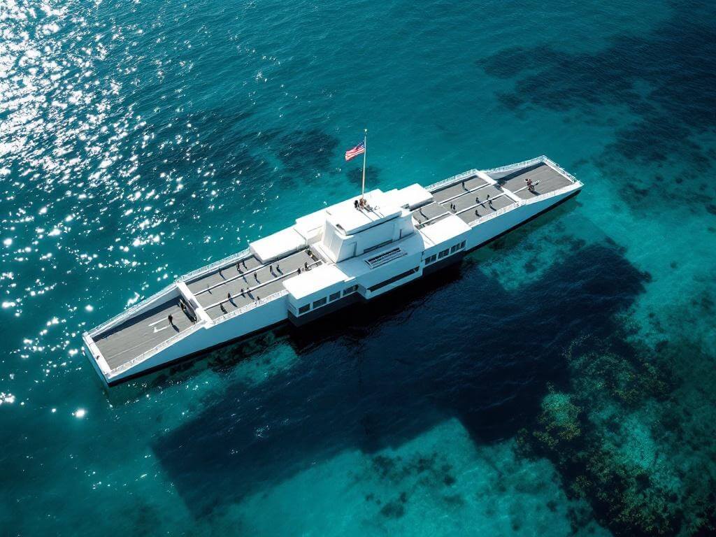 "Visitors stand on the white USS Arizona Memorial in Pearl Harbor, overlooking the submerged wreck visible through clear turquoise waters, an oil sheen creating rainbow patterns, under the waving American flag, in a solemn and respectful scene."