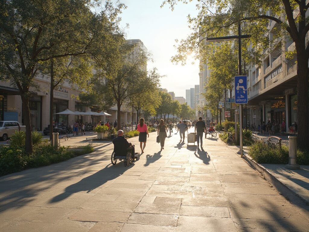Wheelchair user navigating paved River Walk loop downtown with clear accessibility signage, families with strollers, and marked entry points in morning light