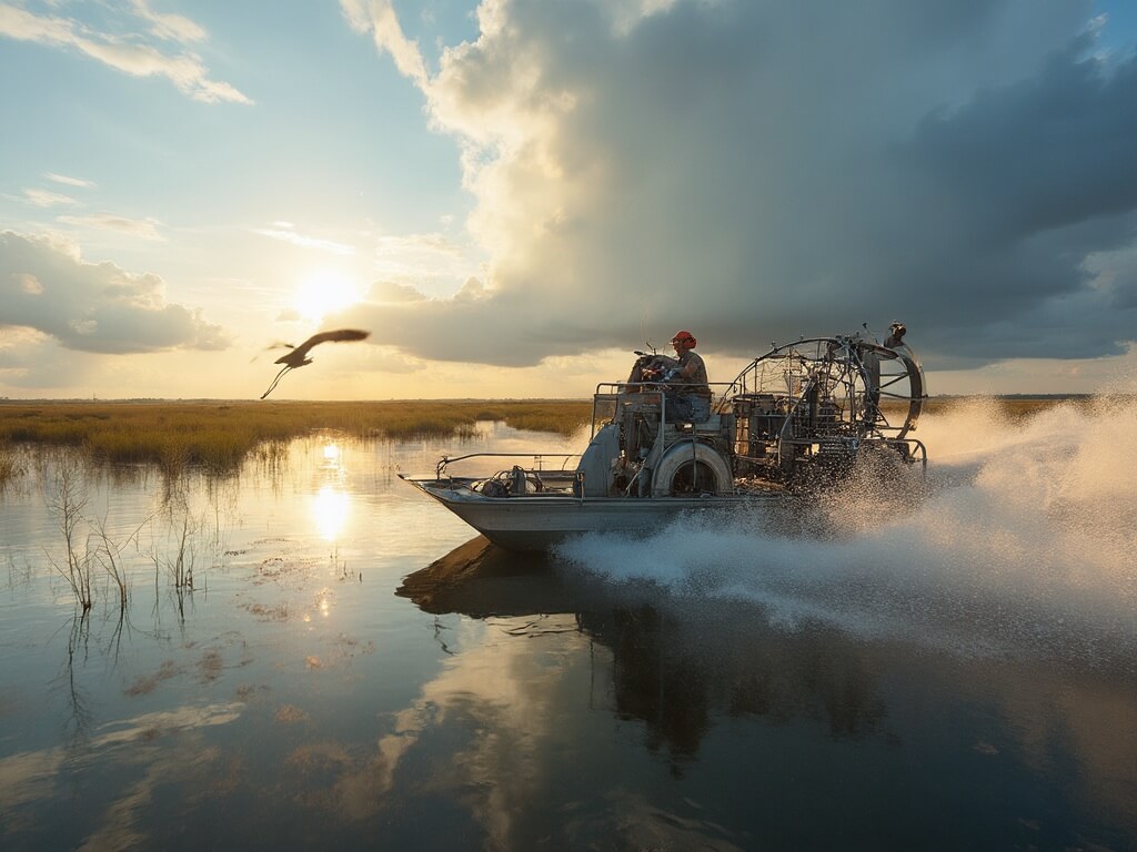 Pilot steering an airboat across Atchafalaya Basin wetlands, disturbing a great blue heron into flight, with morning sunlight illuminating water droplets from the propeller, and clouds reflecting off the water surface.