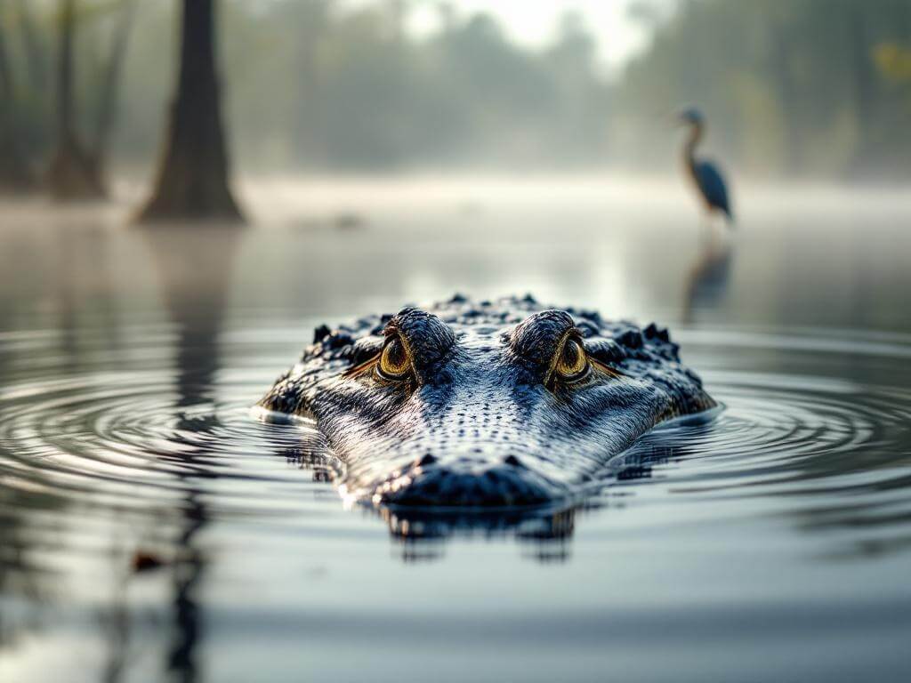 Close-up of alligator's head emerging from still swamp water with early morning mist, cypress knees in the background, and a perched blue heron, showcasing the polarizing filter effect of the photographer reducing water glare.