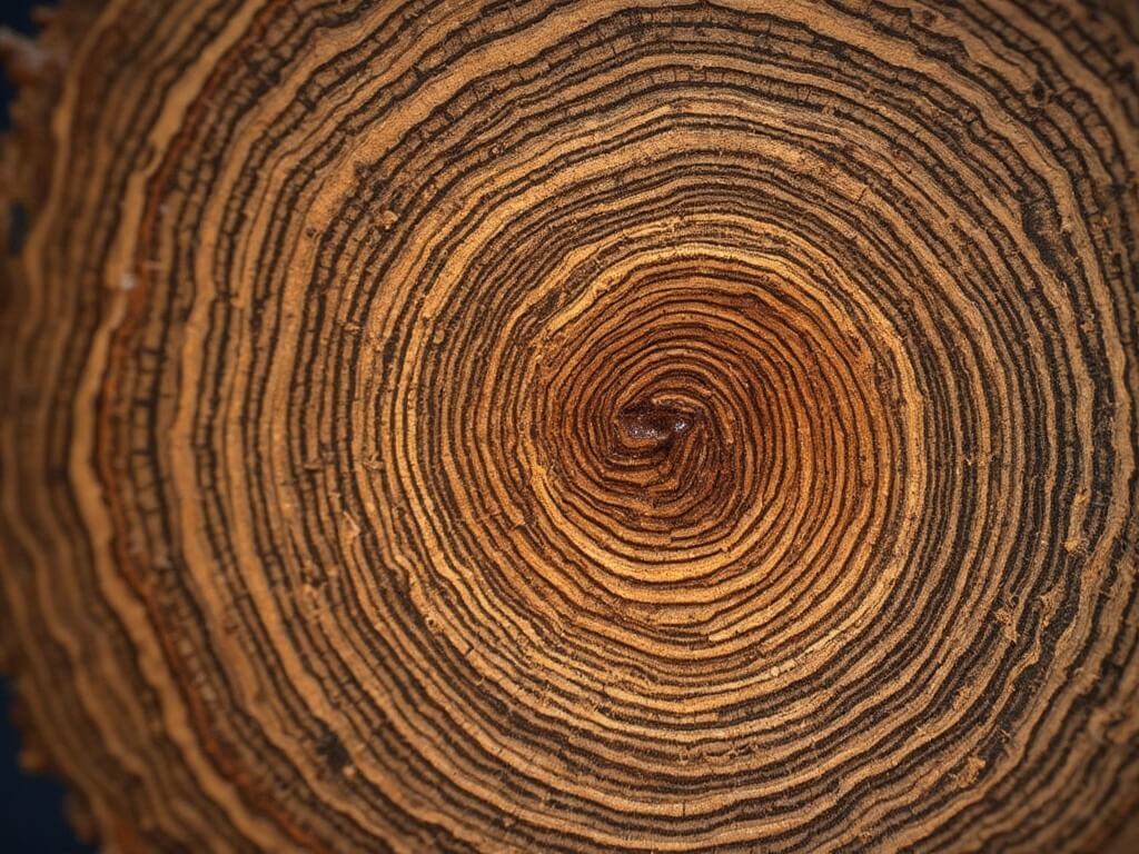 Close-up of a 4,000-year-old bristlecone pine core sample showing dense growth rings and climate history under scientific lighting