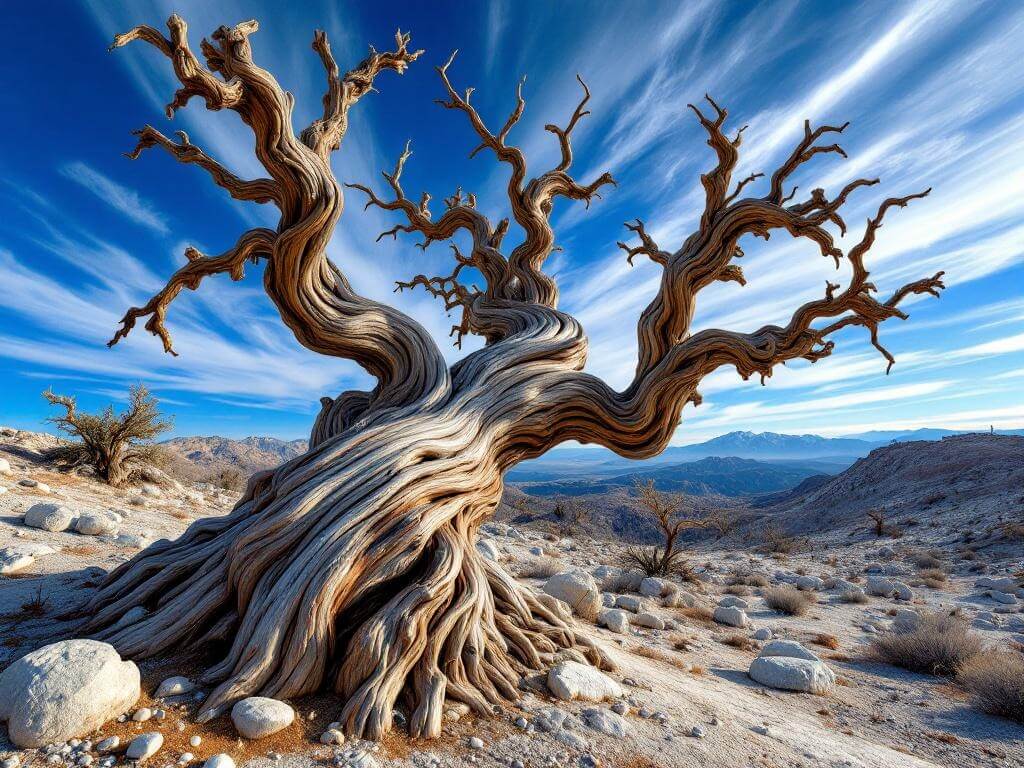 "Ancient gnarled bristlecone pine tree with reddish bark against Nevada high-elevation landscape during golden hour"