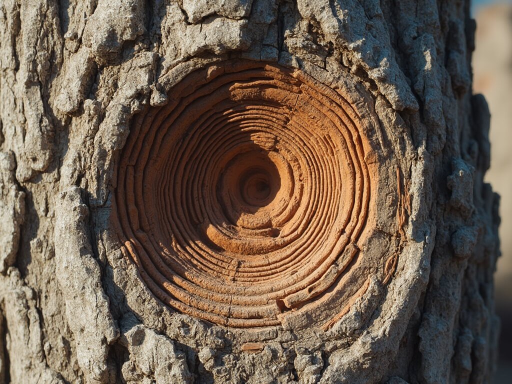 Close-up image of an ancient bristlecone pine displaying spiral grain pattern and weathered bark textures, strips of living cambium tissue, and traces of a core sampling tool, bathed in early morning golden light.