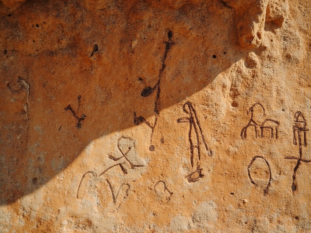 Detailed close-up image of ancient petroglyphs at Atlatl Rock, showing 2,000-year-old rock art etched into weathered sandstone by Basketmaker and Pueblo cultures
