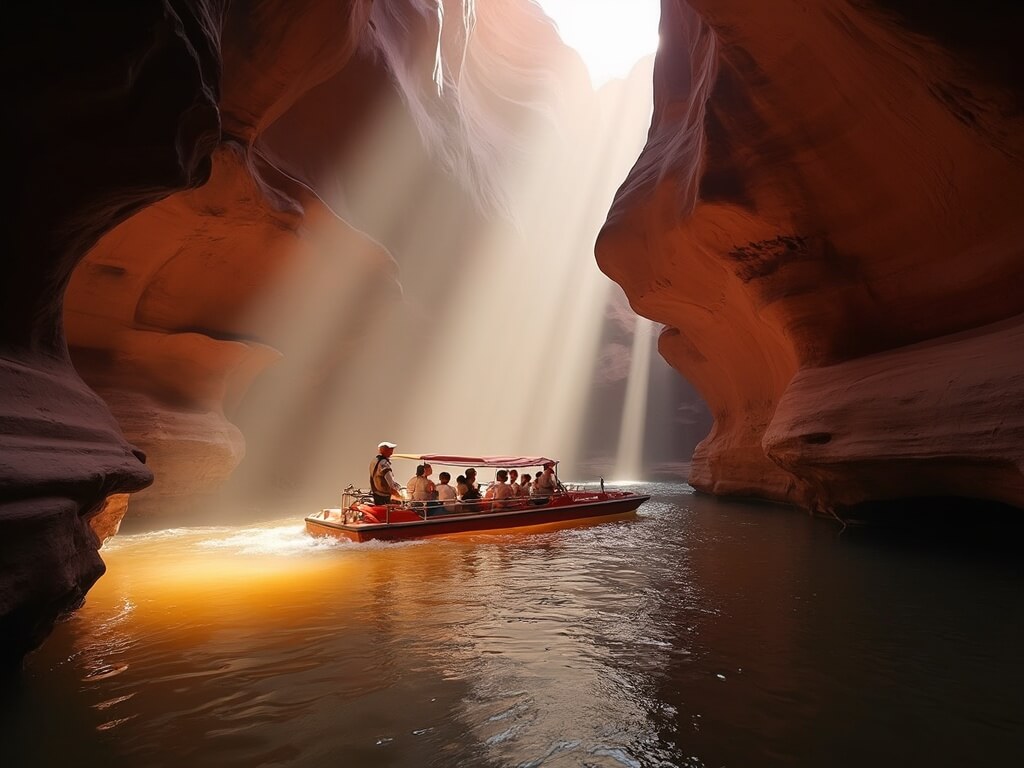 Tour boat navigating Antelope Canyon's water-accessible slot with red sandstone walls and light beams on water surface, a photographer in foreground, crowded walkways seen above.