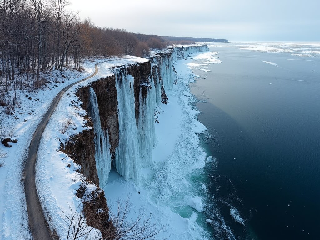 Aerial view of Apostle Islands Lakeshore Trail with clifftop perspective of Lake Superior, ice caves, frozen waterfalls, and snow-covered terrain