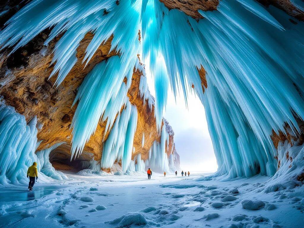 "Dramatic ice formations inside Apostle Islands sea caves with people in winter gear for scale, contrasting ice and sandstone colors, and dynamic lighting highlighting the detailed ice textures"