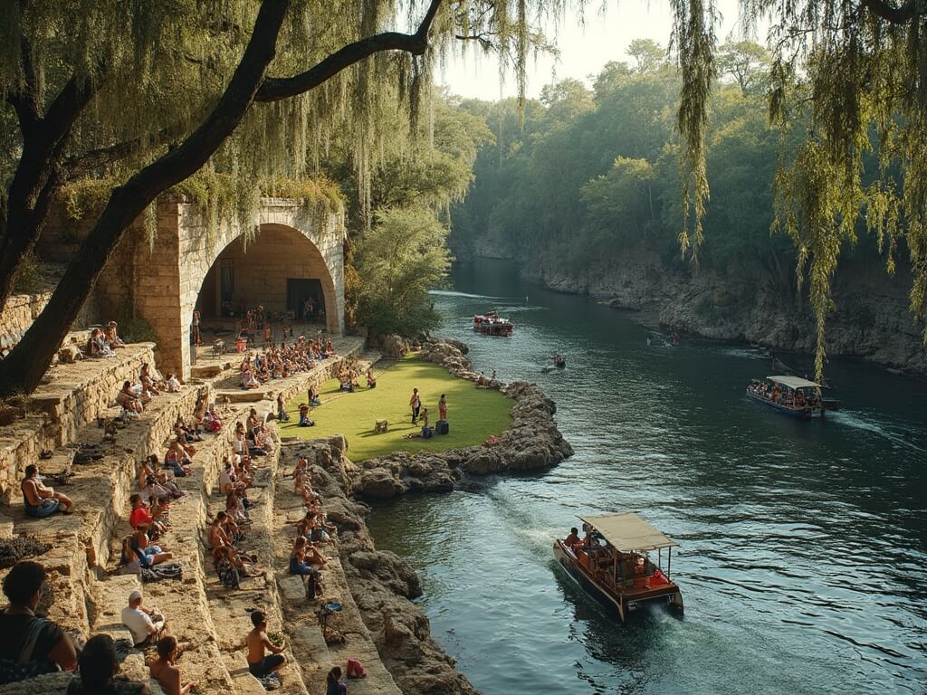 Local musicians performing at the Arneson River Theatre with stone amphitheatre and audience watching from seats and boats, in the late afternoon light.