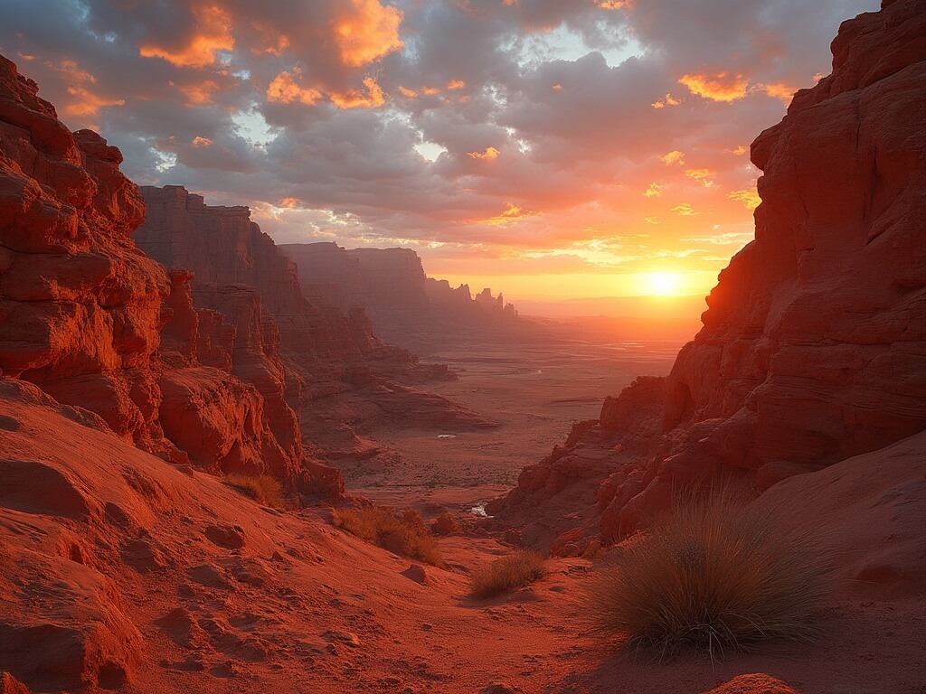 1920s AAA official observing a stunning golden hour sunset over the fiery red Aztec sandstone formations and grey-tan limestone mountains in the Mojave Desert