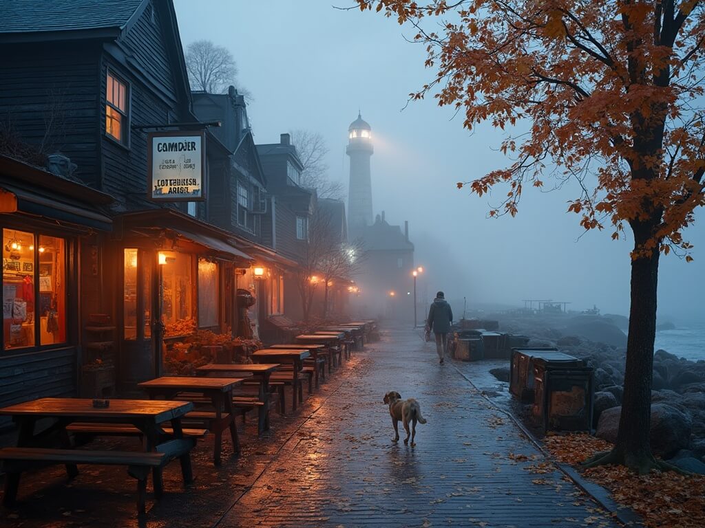 Local resident walking their dog past closed lobster shacks with stacked tables and shuttered storefronts on Bar Harbor's foggy waterfront during autumn off-season, with scattered maple leaves on cobblestones and distant lighthouse beam visible.