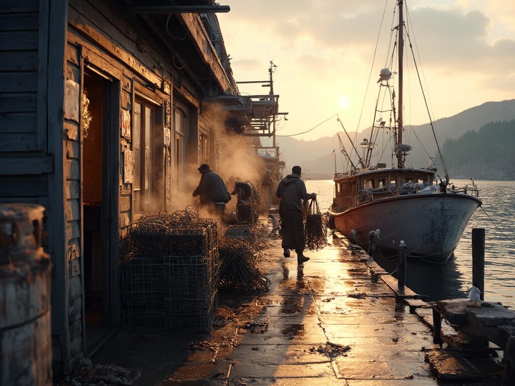 Lobster fishermen at work during golden hour at a rustic lobster pound in Bar Harbor, Maine, with lobster traps, tanks, the rocky coastline, and Mount Desert Island in the background.