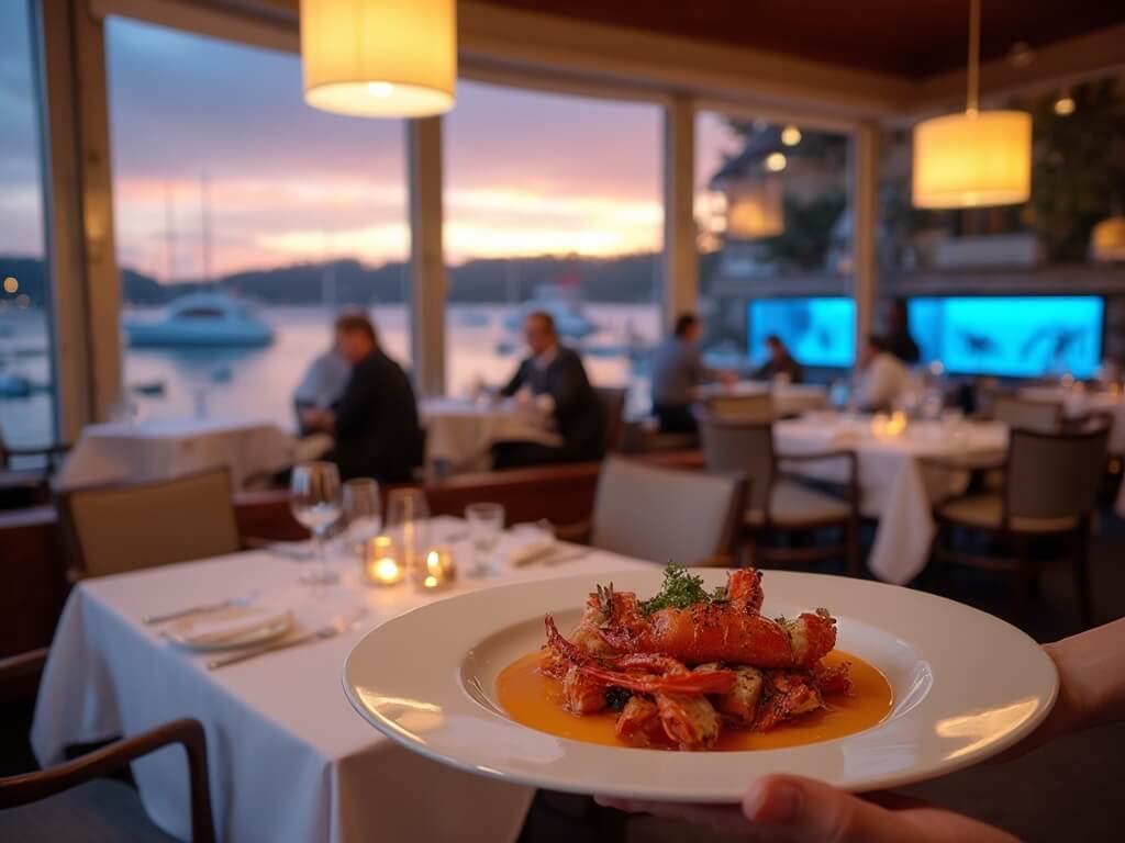 Elegant seafood restaurant with server presenting a lobster dish, diners in soft focus, large windows overlooking sunset harbor, and blue lobster tanks near entrance