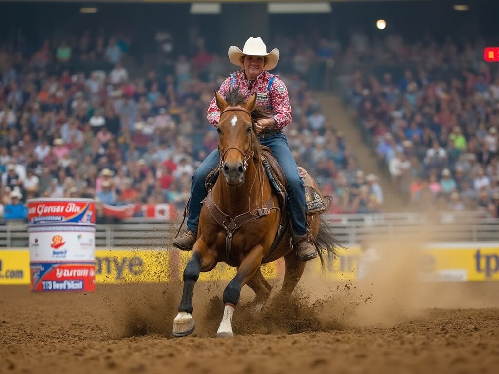 Female barrel racer in colorful attire and her horse making an intense turn at high speed during championship finals, with dirt flying, timer display and blurred spectators in the background