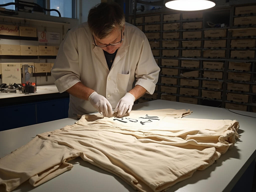 Museum conservator inspecting vintage Babe Ruth Yankees uniform in Baseball Hall of Fame's conservation laboratory
