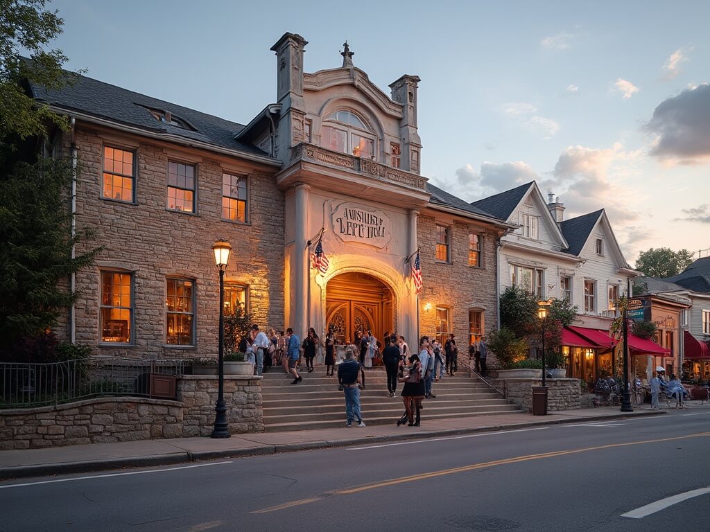 Main entrance of Baseball Hall of Fame in Cooperstown, New York with American flags, visitors, and small-town architecture at golden hour