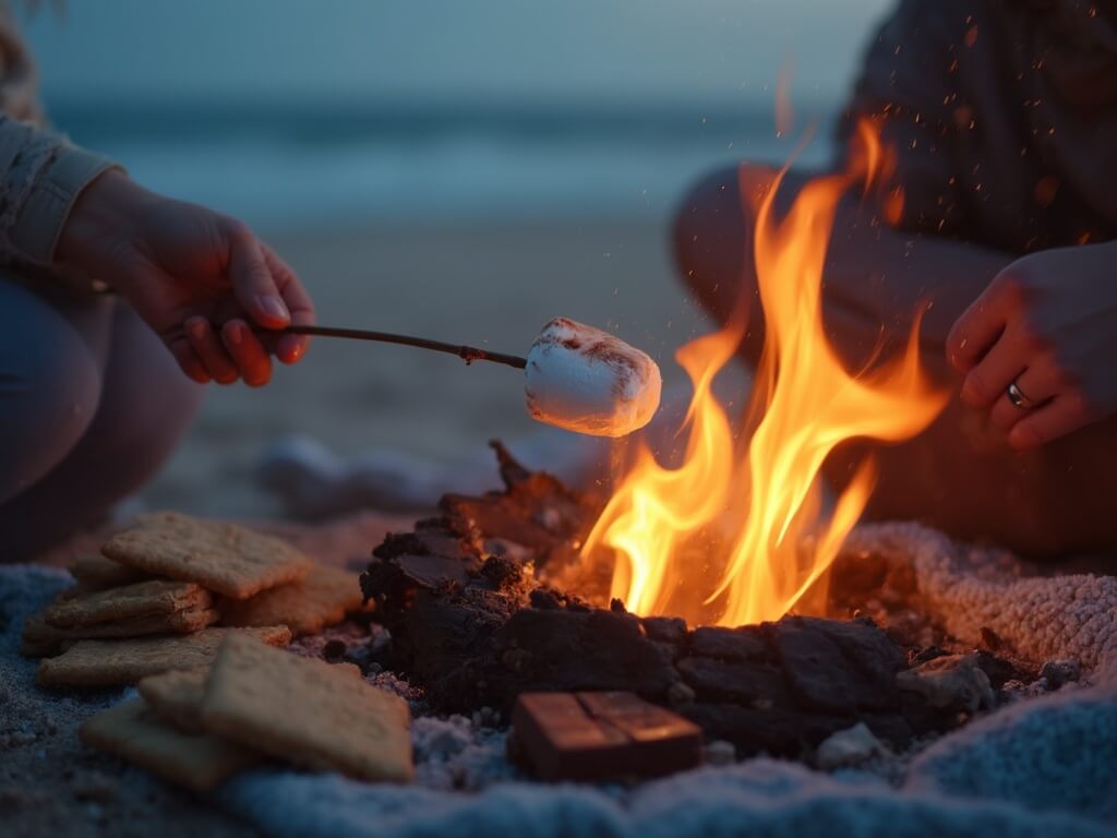 Hands toasting a marshmallow over beach bonfire, with graham crackers and chocolate squares arranged nearby, captured during twilight