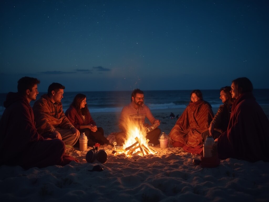 Diverse group of people wrapped in blankets around a beach bonfire, illuminated by firelight and discussing under a starry sky with visible emptied s'mores skewers, water jugs and portable speaker in the sand, depicting intimate late-night atmosphere