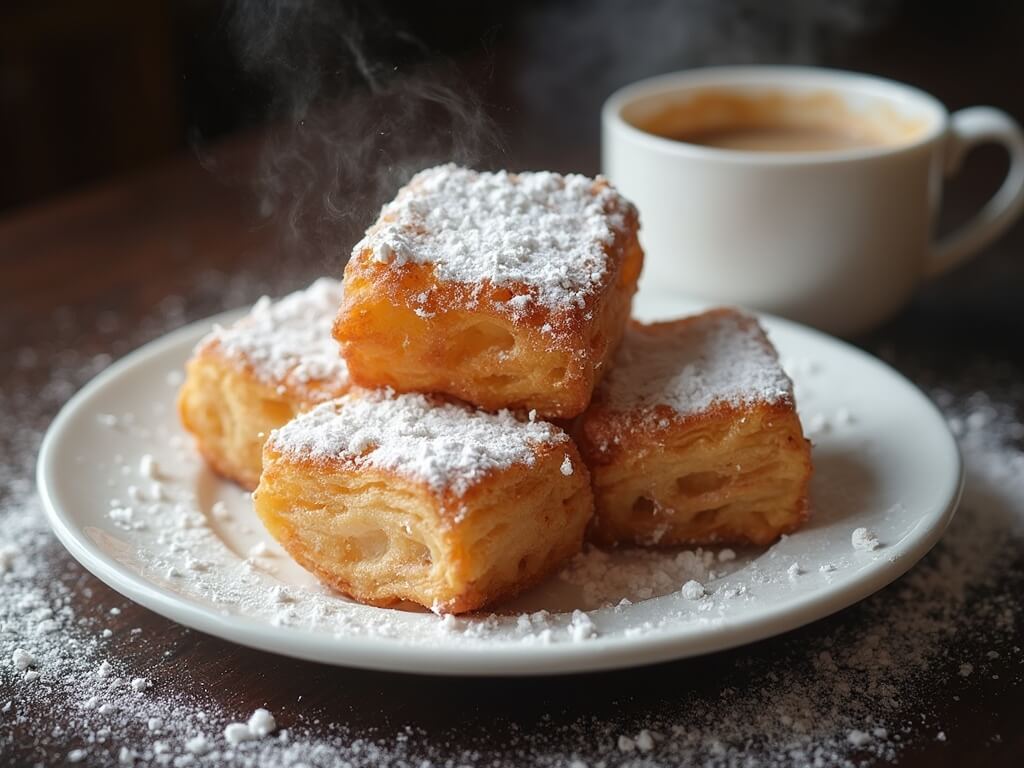 Close-up of three freshly fried beignets piled with powdered sugar on a wooden table, with a ceramic cup of café au lait in the background