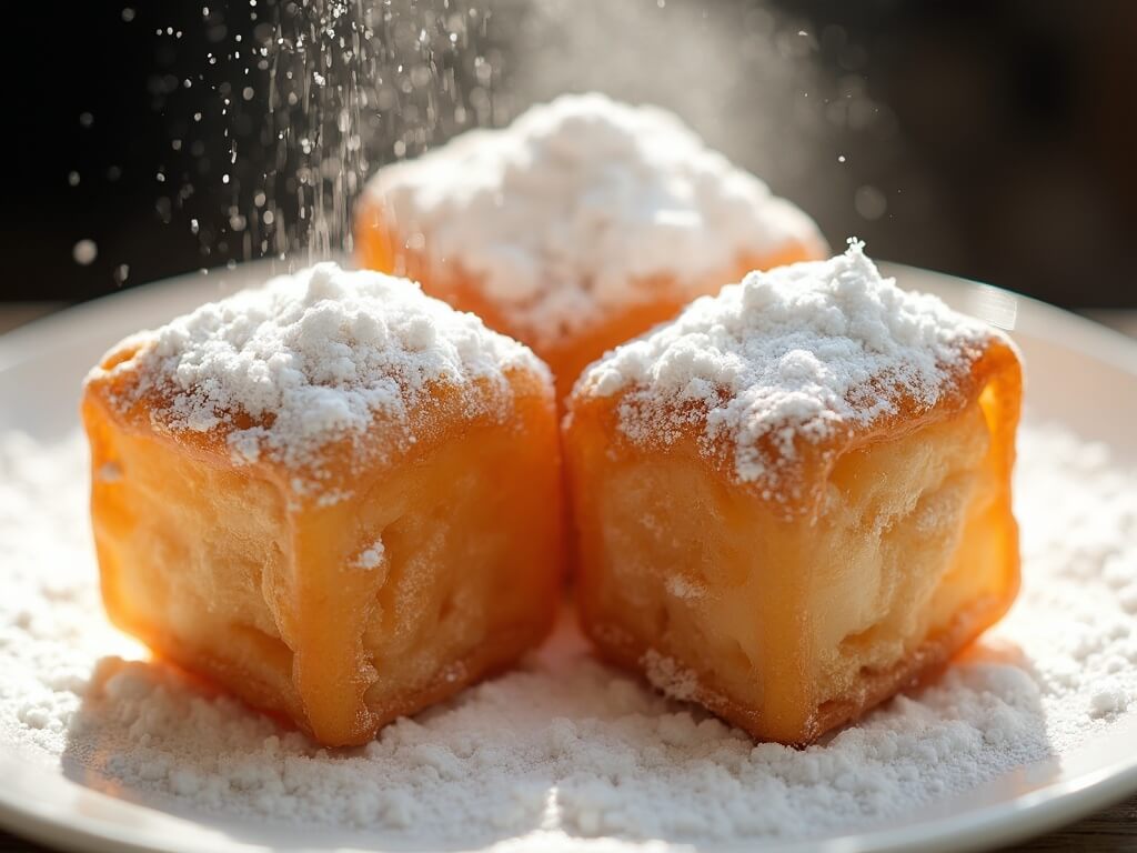 Three freshly made golden-brown square beignets covered in powdered sugar, showing crispy exterior and soft interior, on a white plate.