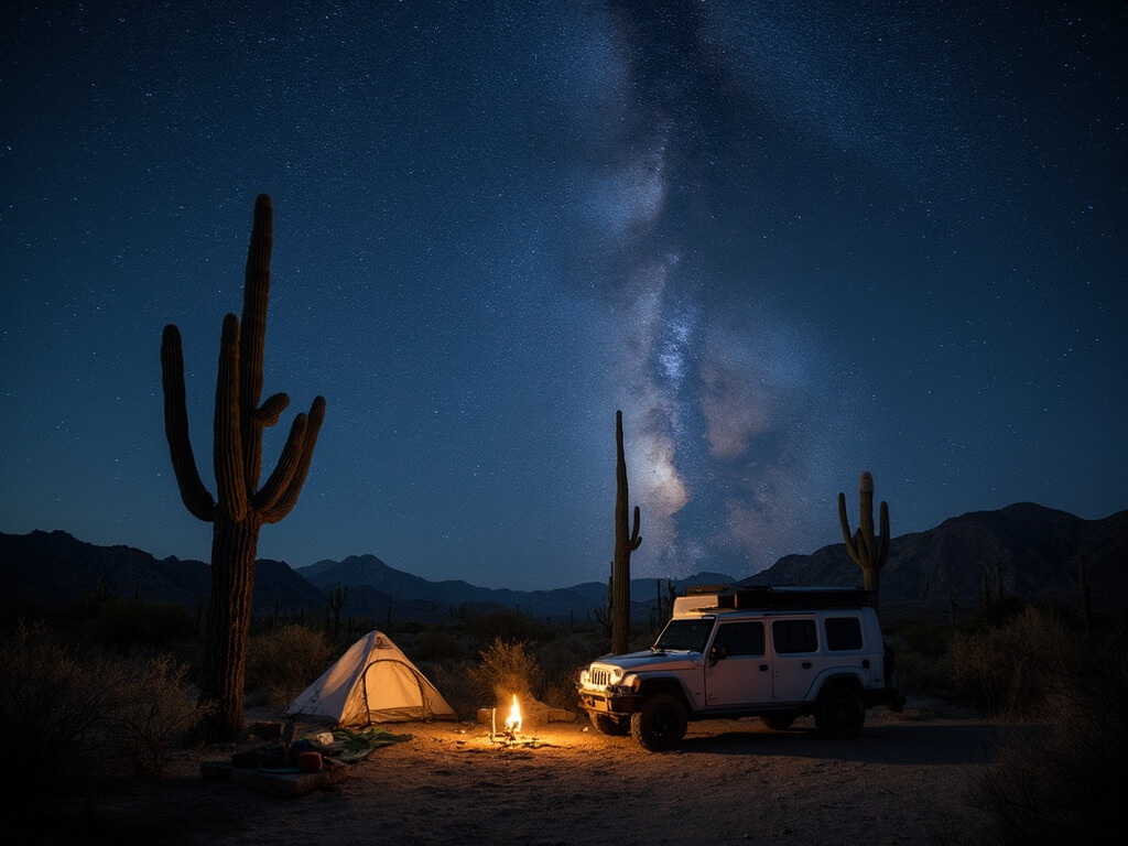 Single 4x4 vehicle and tent at remote roadside campsite in Big Bend's desert under star-filled sky and Milky Way galaxy, saguaro cacti silhouetted in background.