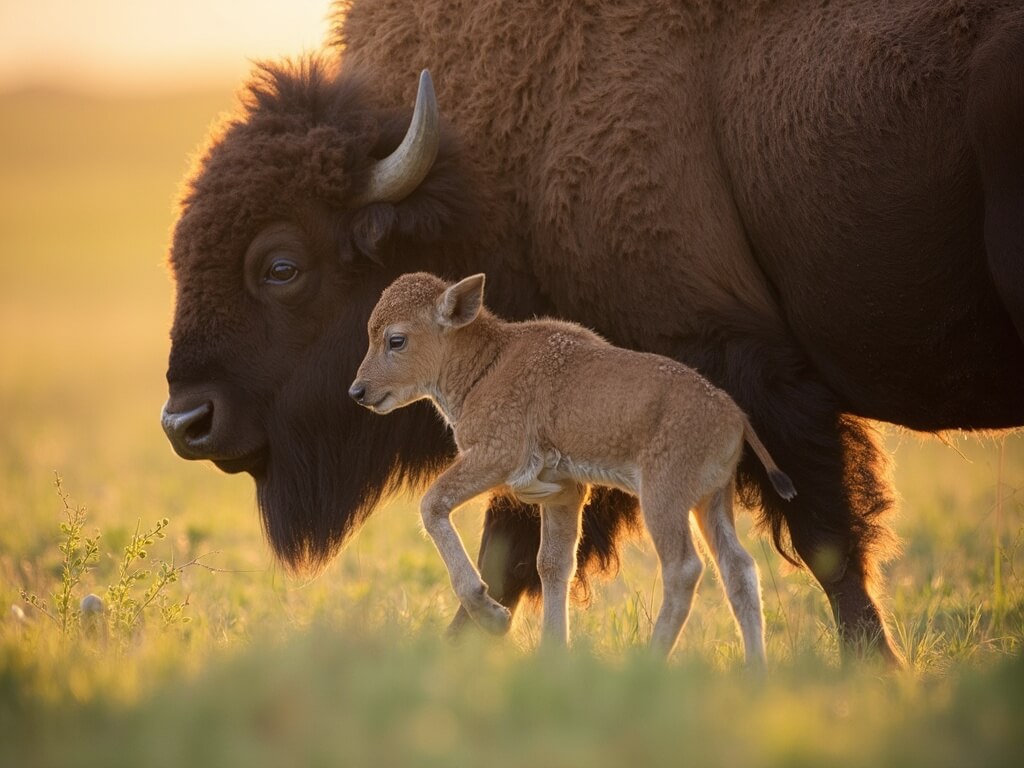 Newborn bison calf learning to walk alongside its mother in the early morning dewy grass, through a vehicle's telephoto lens on Wildlife Loop Road