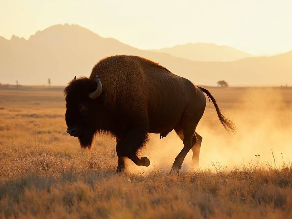 American bison running across the prairie grasslands of Custer State Park during golden hour with Black Hills in the background