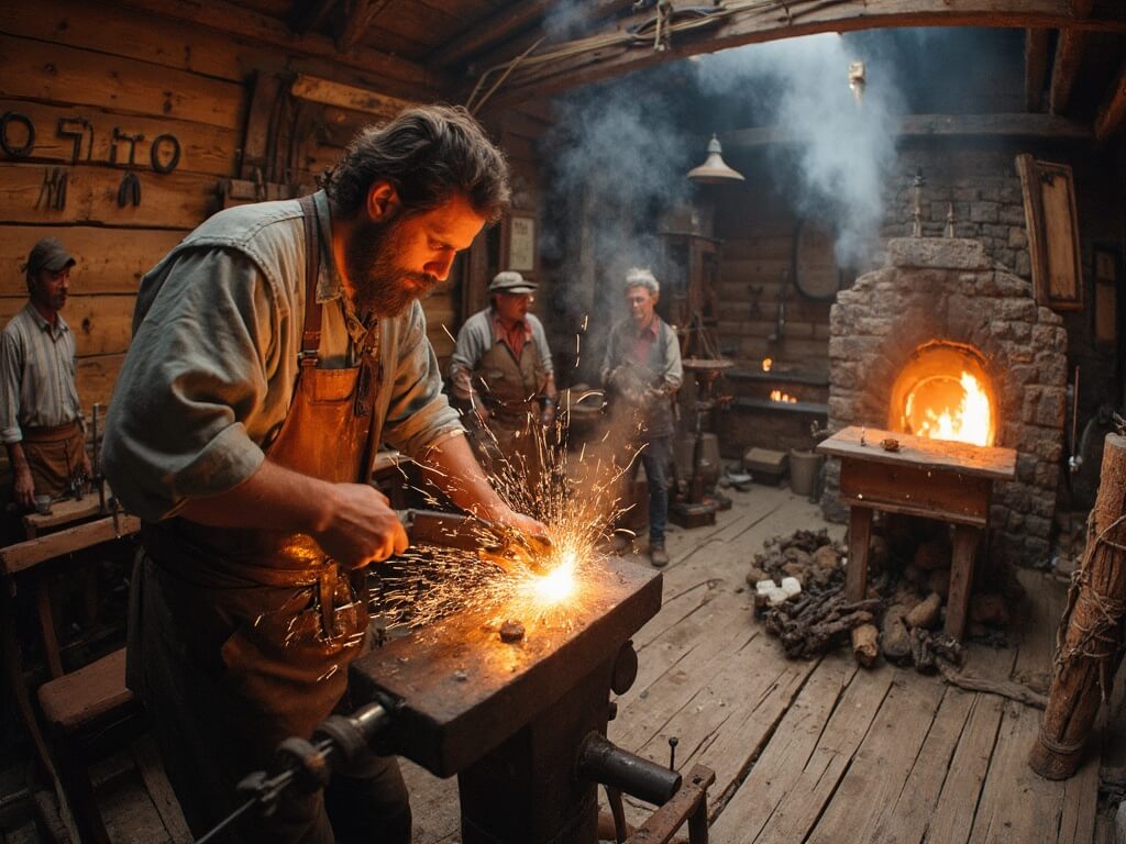 Artisan blacksmith working on red-hot metal at Silver Dollar City's 1880s-themed craft village, with onlookers, a wooden workshop, and rustic log cabin architecture in the background