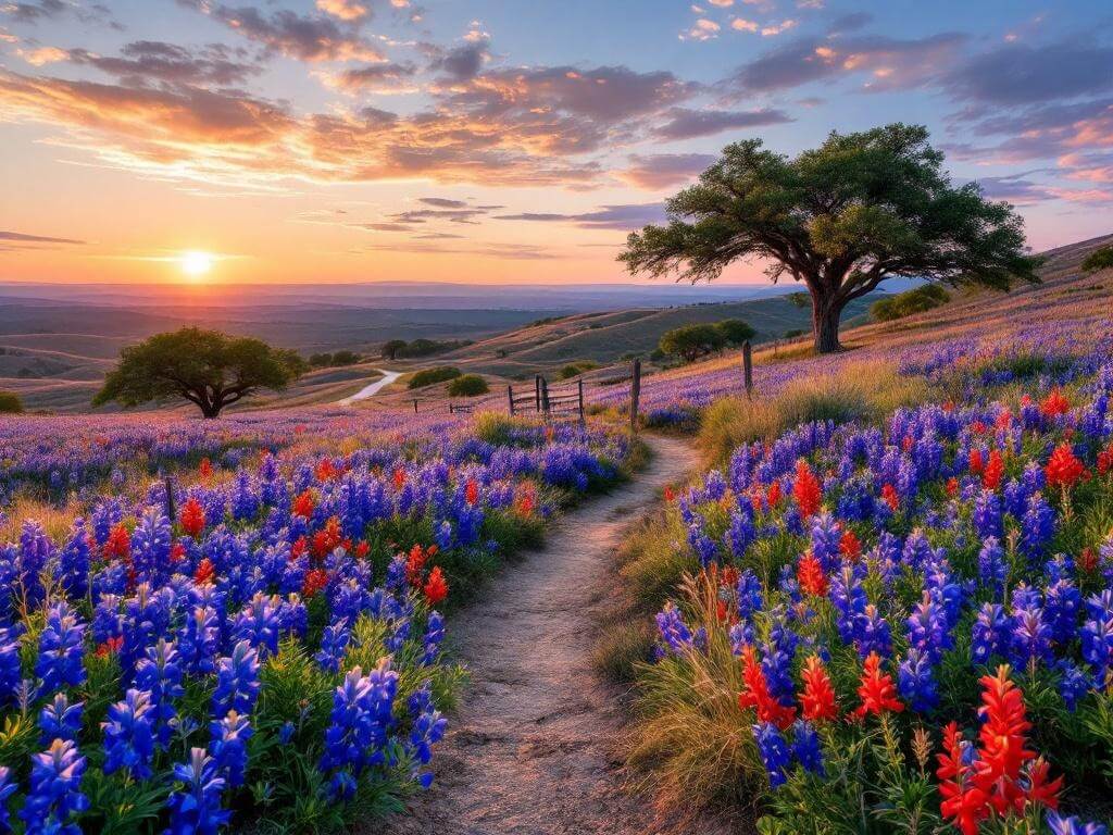 "Sunset over Texas Hill Country with dense bluebonnets and Indian paintbrush wildflowers, winding road, live oak trees, distant hills, and rustic fence"
