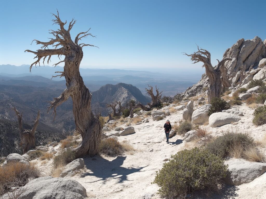 Hiker paused on Wheeler Peak trail at 10,000 feet, amid gnarled ancient bristlecone pines on rocky quartzite terrain under midday mountain light, emphasizing contrast of living bark and bleached deadwood.
