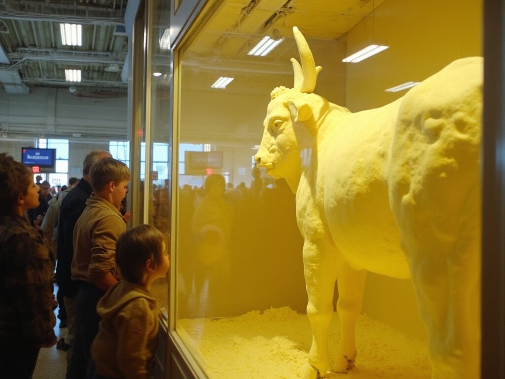 Fairgoers admiring a life-sized Butter Cow sculpture inside the Agriculture Building, with dramatic lighting and a 4-H blue ribbon display in the background