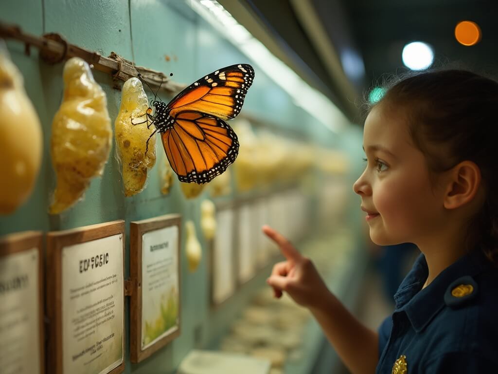 Child observing monarch butterfly emerging from chrysalis at Emergence Gallery exhibit, staff member pointing out features