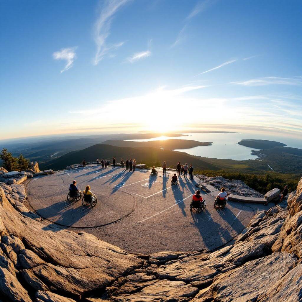 Panoramic view from Cadillac Mountain summit at sunrise showing marked parking spaces, paved pathways, visitors in wheelchairs at the overlook, Atlantic Ocean, islands, and morning shadows on accessible infrastructure