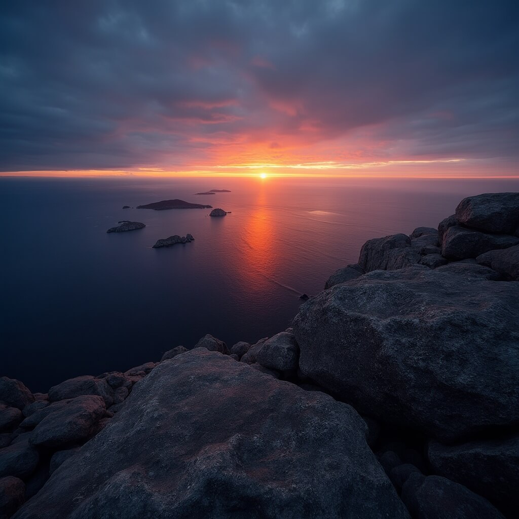 First light breaking over the Atlantic Ocean viewed from Cadillac Mountain's summit, showing a transitioning sky from indigo to amber above a dark ocean dotted with silhouetted islands, and shadowed granite boulders in the foreground