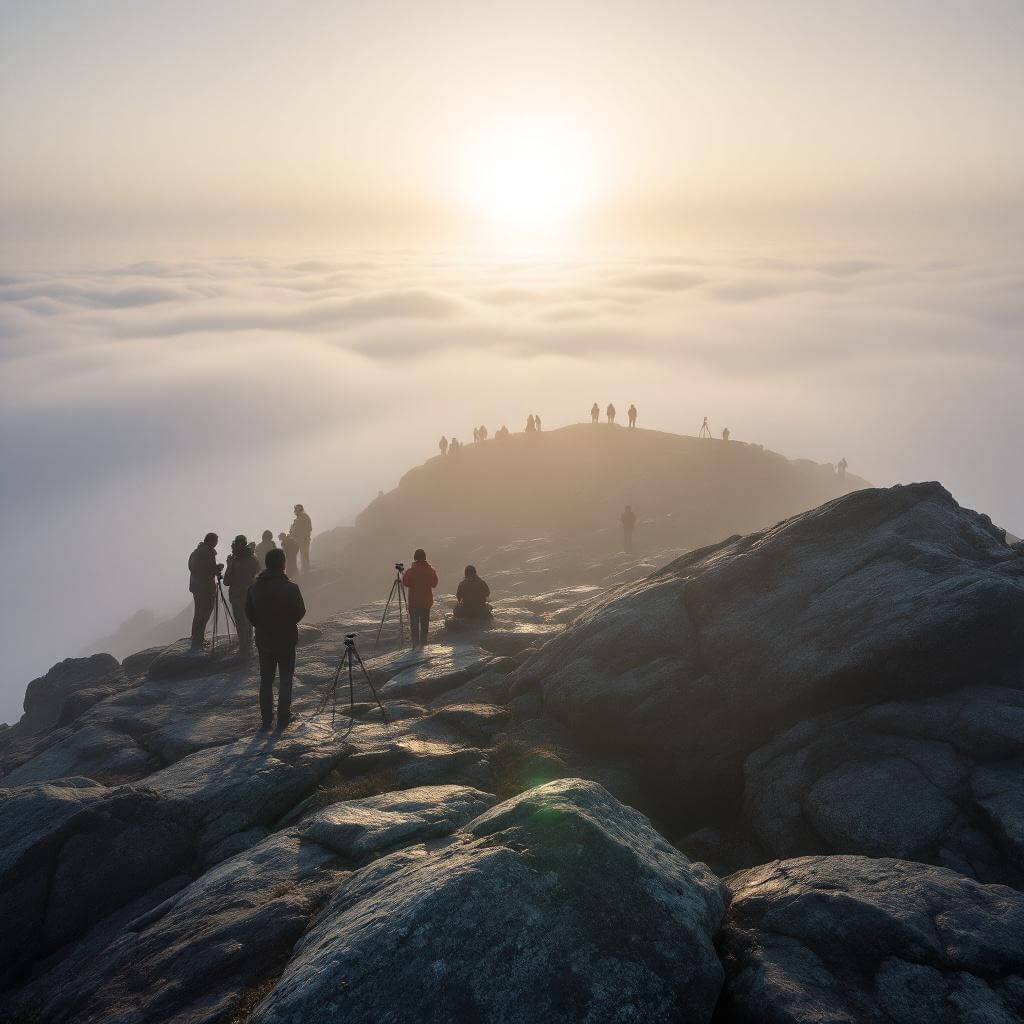 Visitors in winter jackets and unused tripods at foggy Cadillac Mountain summit during sunrise time, sun obscured and wet granite rocks visible.