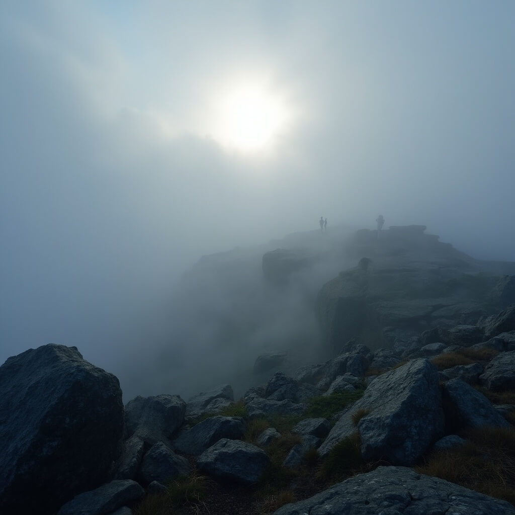 Atlantic fog covering Cadillac Mountain summit at sunrise, with granite formations and visitors in rain gear appearing in the mist, and a subtle silvery glow illuminating the obscured sun, depicting Maine's unpredictable weather.