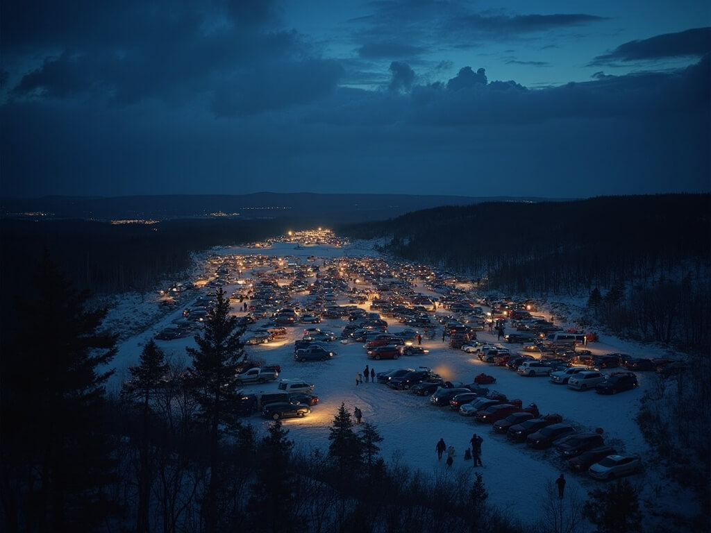 Visitors with headlamps navigating rocky terrain in pre-dawn darkness towards viewing spots at Cadillac Mountain summit, their breath visible in freezing air, amidst a crowded, illuminated parking lot checked by park rangers.