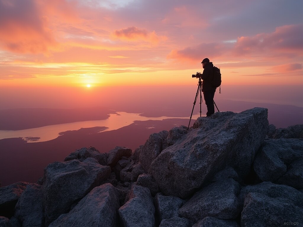 Professional photographer on Cadillac Mountain summit capturing sunrise colors and detailed island view with tripod and neutral density filters