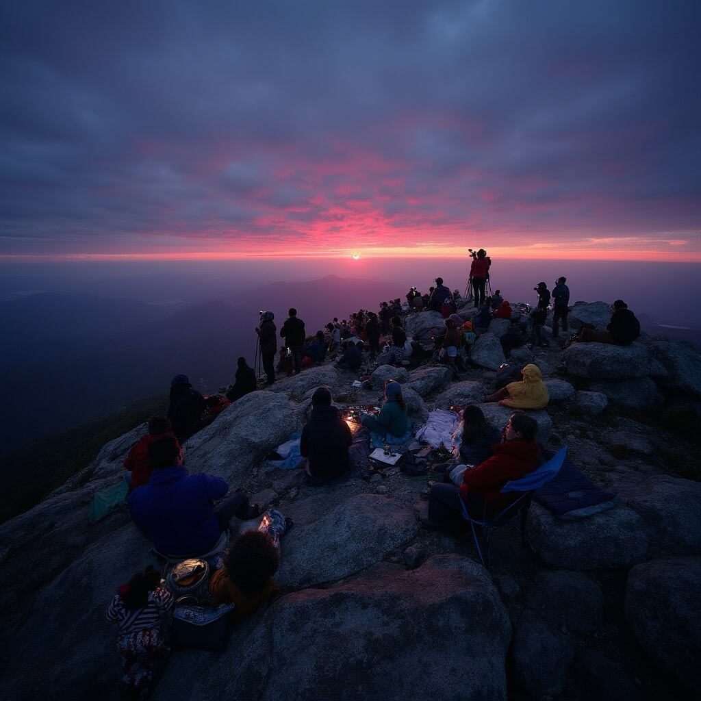 Sunrise watchers with headlamps at pre-dawn on Cadillac Mountain's rocky summit, waiting for sunrise.