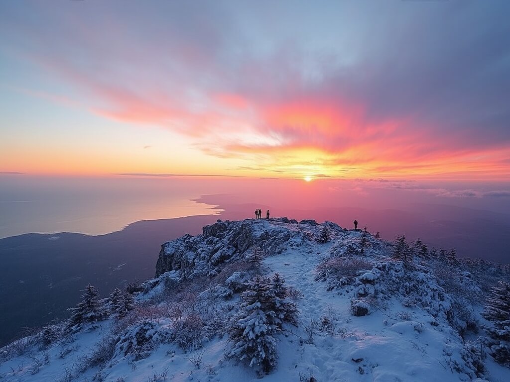 Winter sunrise from Cadillac Mountain summit with scattered visitors, vibrant sky colors, frost-covered granite, and distant views of Schoodic Peninsula and Atlantic Ocean.