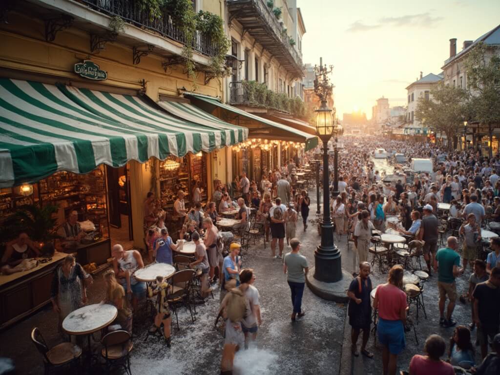 Crowd at Café du Monde with green and white striped awning during golden hour, Jackson Square and Mississippi River in the background, street musicians performing, highlighting the lively French Quarter atmosphere