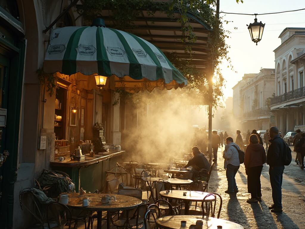 Early morning at Café du Monde in French Quarter with steamy cups of café au lait on tables, mixed crowd in seating area, and Jackson Square visible in the background