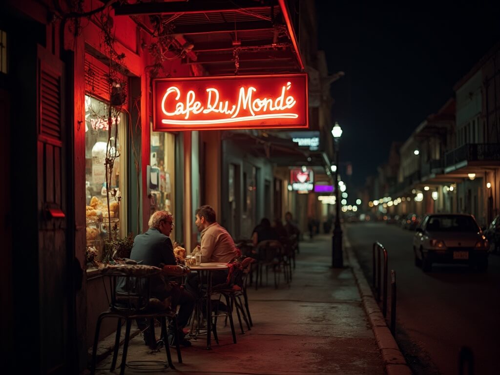 Lone customer eating beignets at 3 AM in Café du Monde, neon sign glowing and street lights cast pools of light onto the empty French Quarter streets