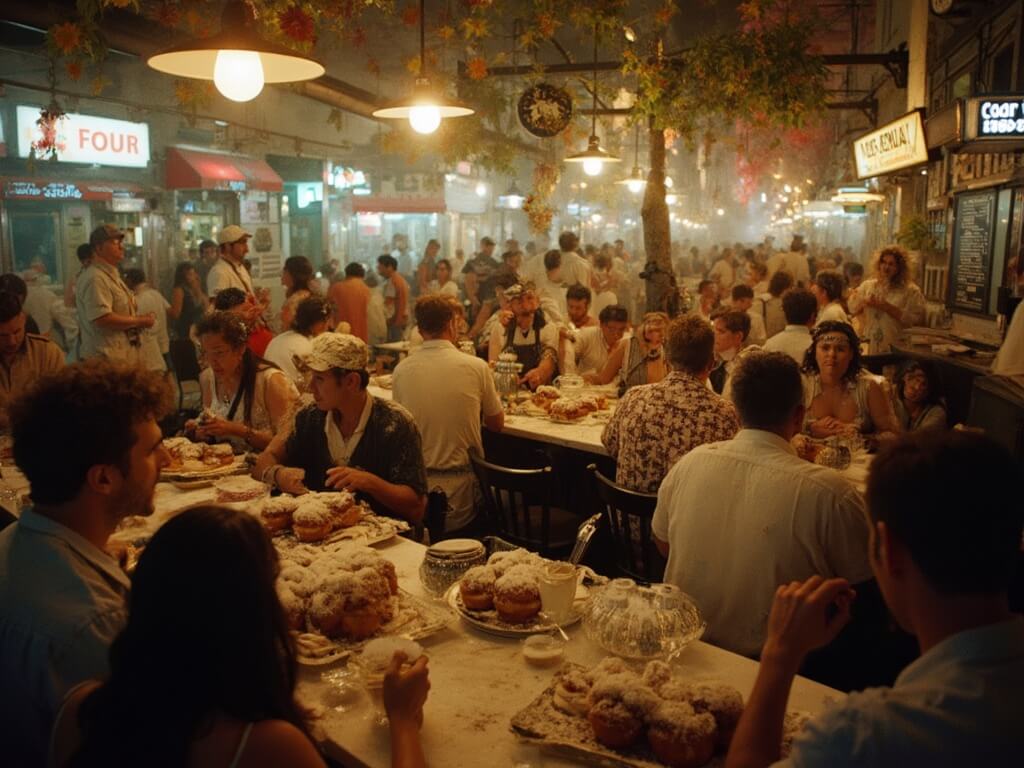 Crowded Café du Monde at night filled with diverse patrons, servers in white uniforms carrying beignets and chicory coffee, bathed in warm amber light from vintage fixtures