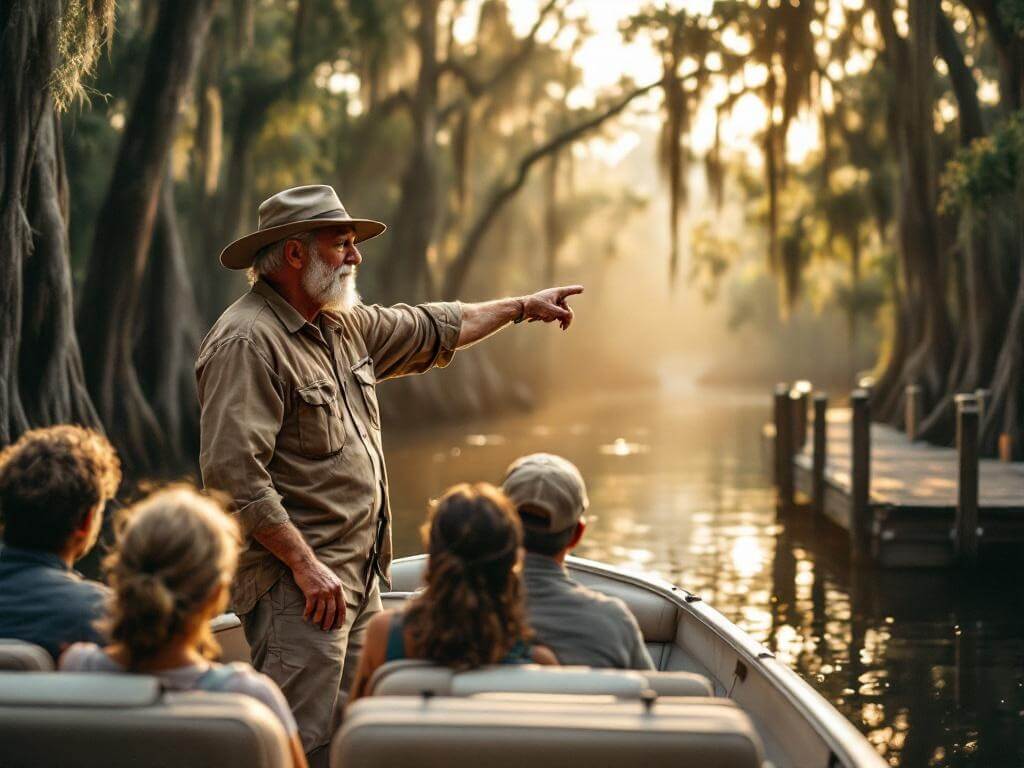 Elderly Cajun swamp guide narrating a story to tourists on a pontoon boat, pointing towards cypress trees with Spanish moss, in hazy golden hour light over the dark swamp water, with a wooden dock in the background.
