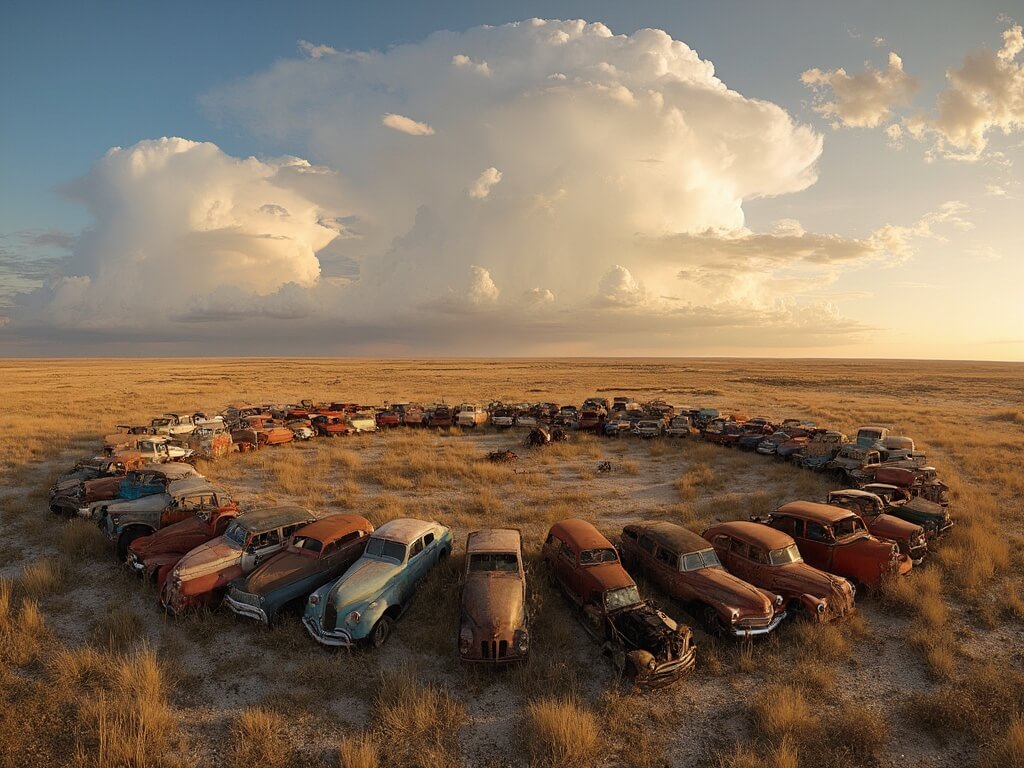Carhenge monument at golden hour, featuring 25 vintage cars arranged in a large circle on Nebraska plains with dramatic clouds overhead