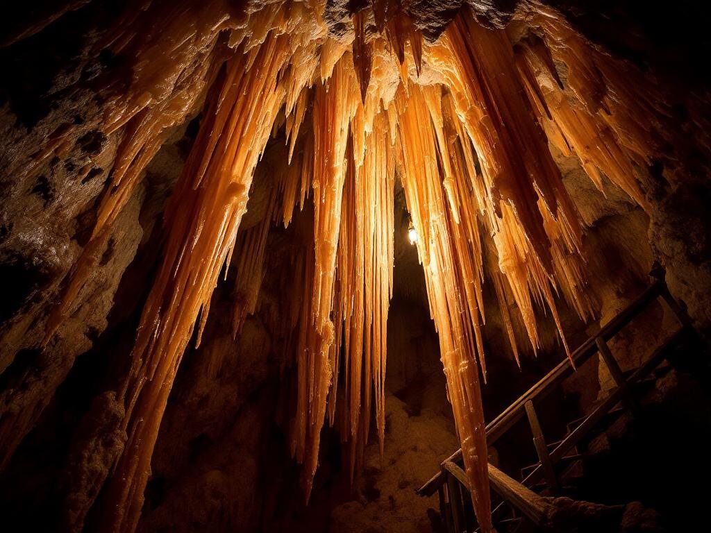 "Dramatic underground view of Jewel Cave with bacon-striped mineral formations, sparkly calcite deposits on walls, and wooden stairs descending into darkness"