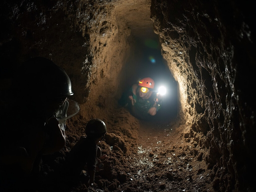 Cave explorers on Wild Caving Tour navigating narrow, muddy 'Brain Drain' passage with helmets and headlamps, surrounded by textured limestone surfaces 300 feet underground
